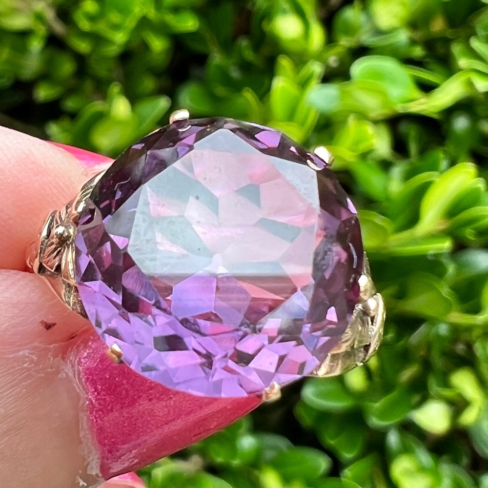 VINTAGE 14K YELLOW GOLD PURPLE COLOR CHANGE SAPPHIRE ALEXANDRITE FLOWER RING - Picture 4 of 16